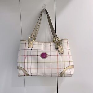 Coach F19176 Peyton Tattersall Plaid Satchel Tote Coated Canvas Ivory Multi H013